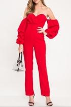  Red Cold-shoulder Jumpsuit