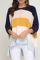 3/4 Cuff Sleeve Chenille Color Blocked Hi Low Sweater