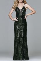  Long Novelty Sequin V-neck Dress