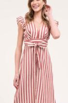 Stripe Dress With Front Tie Belt & Ruffle Sleeve