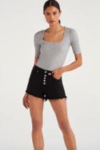  High Waist Short With Frayed Hem And Exposed Button Fly In Pitch Black