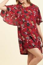  Red-floral Flutter-sleeve Dress