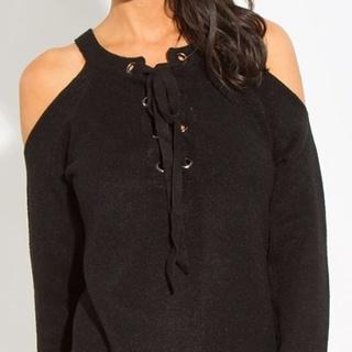 Black Cold Shoulder Sweater