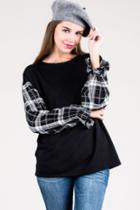  Drop Shoulder French Terry Top With Plaid Contrast Sleeve