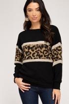  Long Sleeve Knit Top With Animal Print Contrast