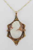  14k Yellow Gold Cameo Victorian Pendant Necklace, 18 Chain