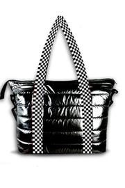  Black Metallic Puffer Tote W/ Checker Straps