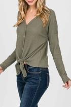  Olive-waffle Button-down Top