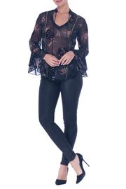  Joan Manderin Collar V-neck Sheer Blouse W Bell Sleeve