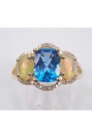  Opal Diamond Blue Topaz Three Stone Yellow Gold Engagement Ring Size 7 Cushion Cut Mothers Ring Free Sizing