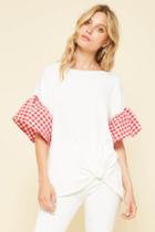  White Top With Red Checkered Sleeves