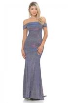  Off The Sholder Purple Metallic Fit & Flare Long Formal Dress