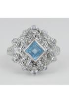  Diamond And Princess Cut Blue Topaz Statement Ring Estate Vintage Ring 14k White Gold Size 8.5