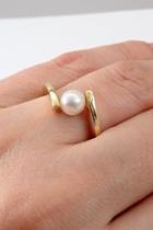  Yellow Gold Pearl Solitaire Bypasss Engagement Ring Size 7.5 June Birthstone