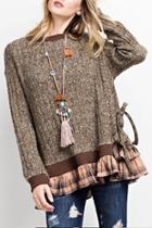  Plaid-ruffle Pullover Sweater