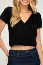  Half Sleeve Surplice Fuzzy Knit Sweater Top