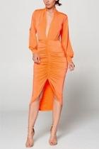  Orange V-neck Dress
