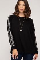  Long Sleeve Knit Top With Sequin Trim And Sleeve Slit Details