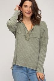  Long Sleeve Rib Knit Top With Front Button Placket Detail