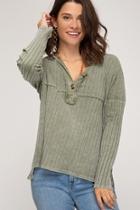  Long Sleeve Rib Knit Top With Front Button Placket Detail