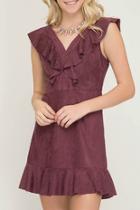  Faux Suede Fit & Flare Ruffle Dress