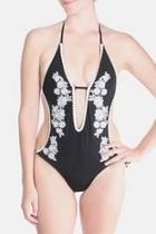  Black Floral Embroidered Swimsuit