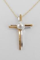  14k White And Yellow Gold Pearl Cross Pendant Necklace Religious Charm 18 Chain