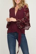 Contrast Long Sleeve Surplice Woven Top With Side Tie