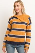  Stripe Open Mock Neck Sweater With Right Shoulder Buttons