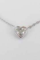  14k White Gold Heart Diamond Solitaire Pendant Necklace 17 Chain Bezel Set Wedding Gift
