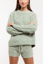  Crew Neck Cable Knit Fleece Sweater