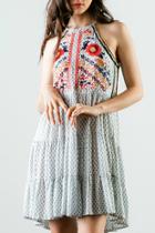  Printed Tiered Dress With Embroidery