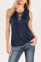  Navy-linen Lace Up-tank