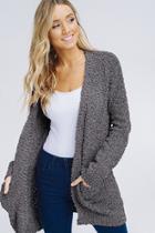  Charcoal Long Sleeve Open Front Popcorn Cardigan With Pockets