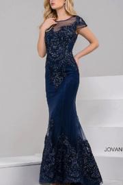 Navy High Neck Cap Sleeve Beaded Dress