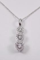  Diamond Three Stone Cluster Pendant White Gold Heart, Necklace Chain 18