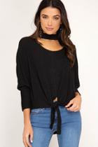  Choker Neck Knit Top With Front Tie