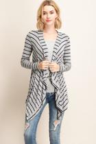  Navy & Grey Striped Long Asymmetric Open Cardigan