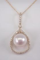  Diamond And Pearl Drop Pendant Necklace With Chain 18 Chain