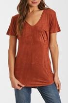  Faux-suede Short Sleeve V-neck Tee