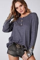  Thermal Knit Top With Buttoned Front Placket