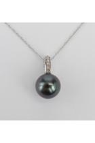  14k White Gold Diamond And Black Tahitian Pearl Pendant Necklace With Chain 18 June Birthday
