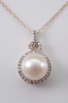  Yellow Gold Diamond And Pearl Halo Pendant Necklace, 18 Chain