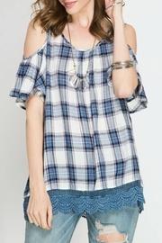  Plaid Cold Shoulder Top