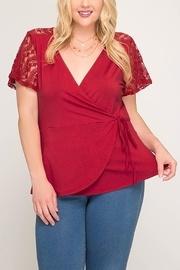  Lace Sleeve Faux Wrap Top