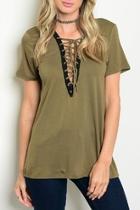  Evelyn Olive Lace Up Top