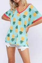  Pineapple Print Oversized V-neck Top