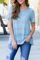  Short-sleeved Round-neck Striped-top