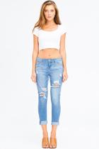  Cropped Light Wash Distressed Girlfriend Jeans