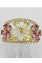  Yellow Gold Opal Pink Tourmaline White Sapphire Flower Cluster Cocktail Ring Size 7 October Gem